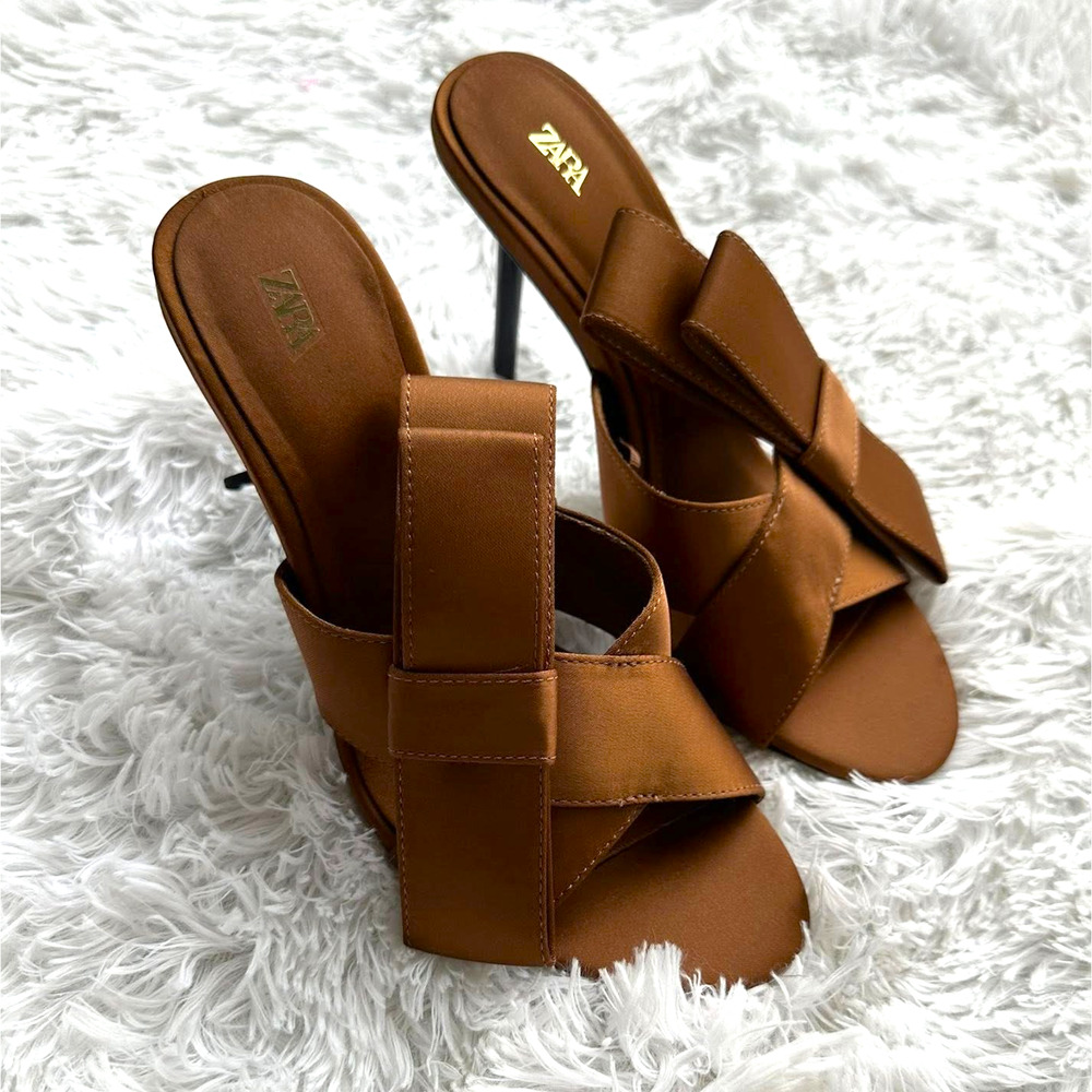 ZARA Satin Brown Heels NWT | Crossover Strap with Bow Detail - Picture 8 of 16